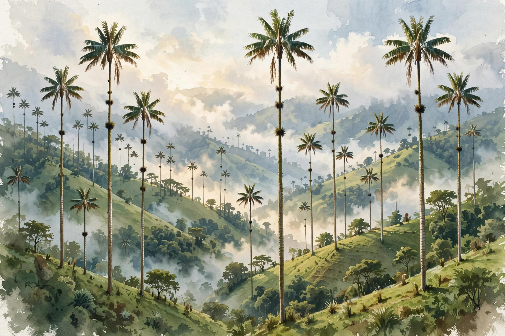 Towering wax palms in the green Cocora Valley