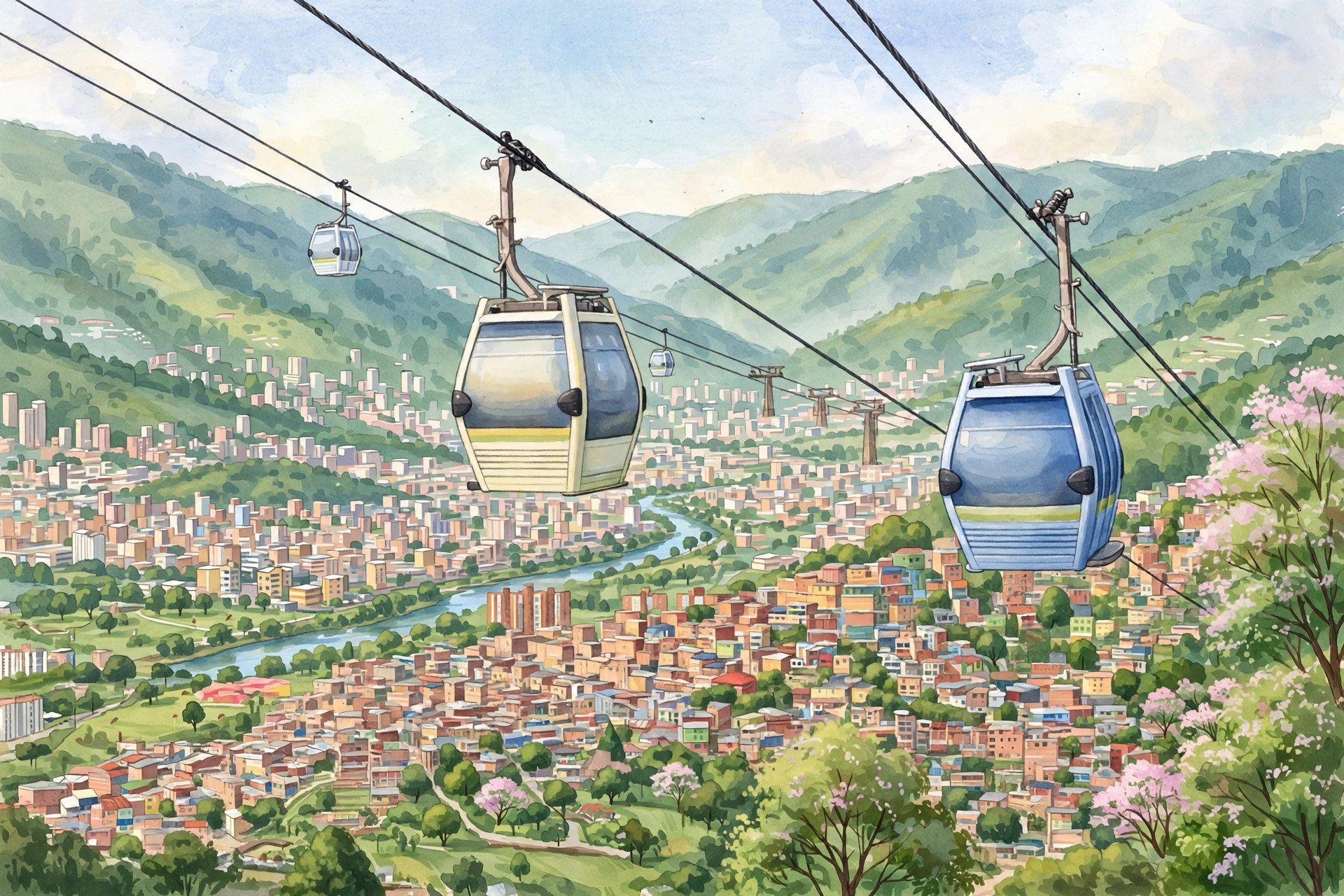 Metrocable gondolas over Medellín