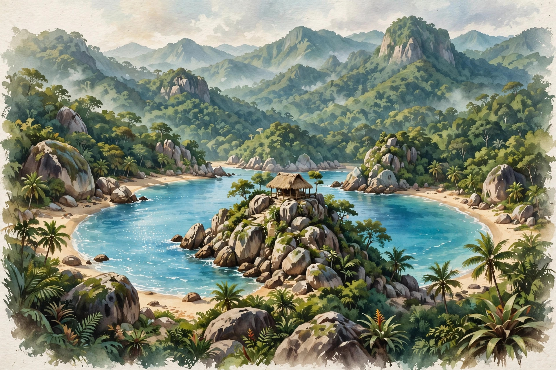 Cabo San Juan's twin bay and thatched hut on the rocky point, Tayrona