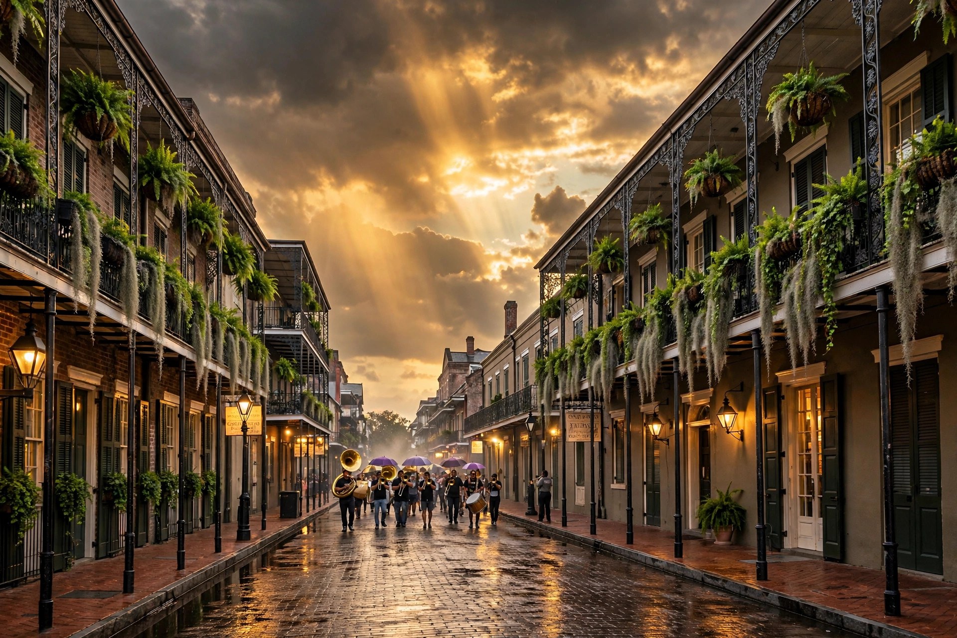 French Quarter street at dusk: wrought-iron balconies, glowing gas lamps, and a second-line parade
