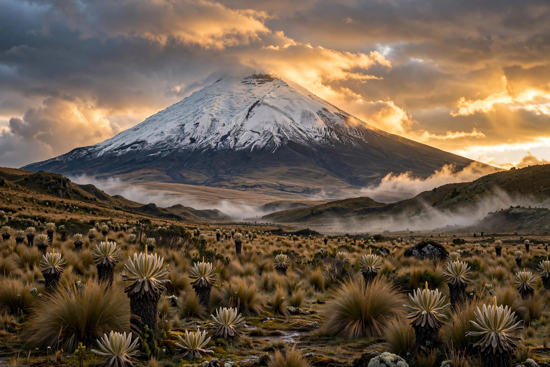 Cotopaxi volcano over the highland páramo at golden hour.