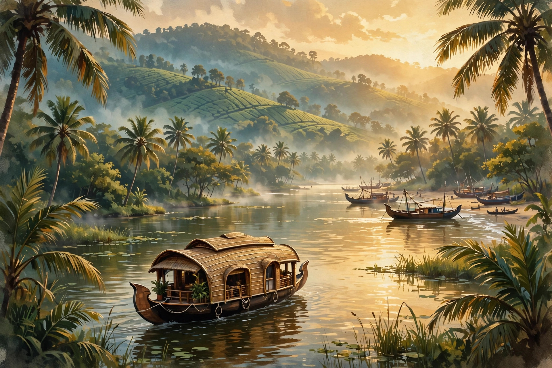 A houseboat drifts across the Vembanad lagoon at golden hour.