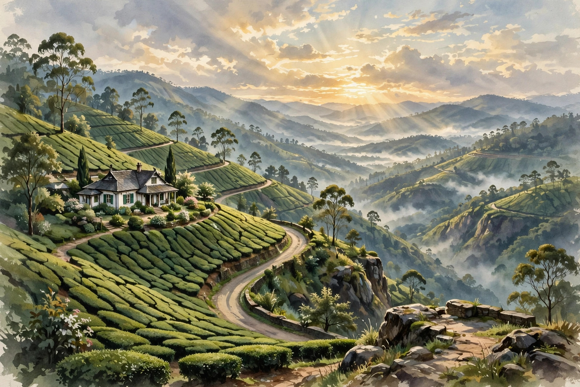 Tea gardens around Munnar at dawn