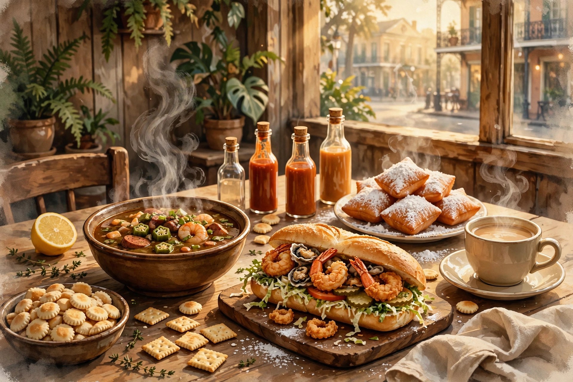 Gumbo and Creole dishes on a table