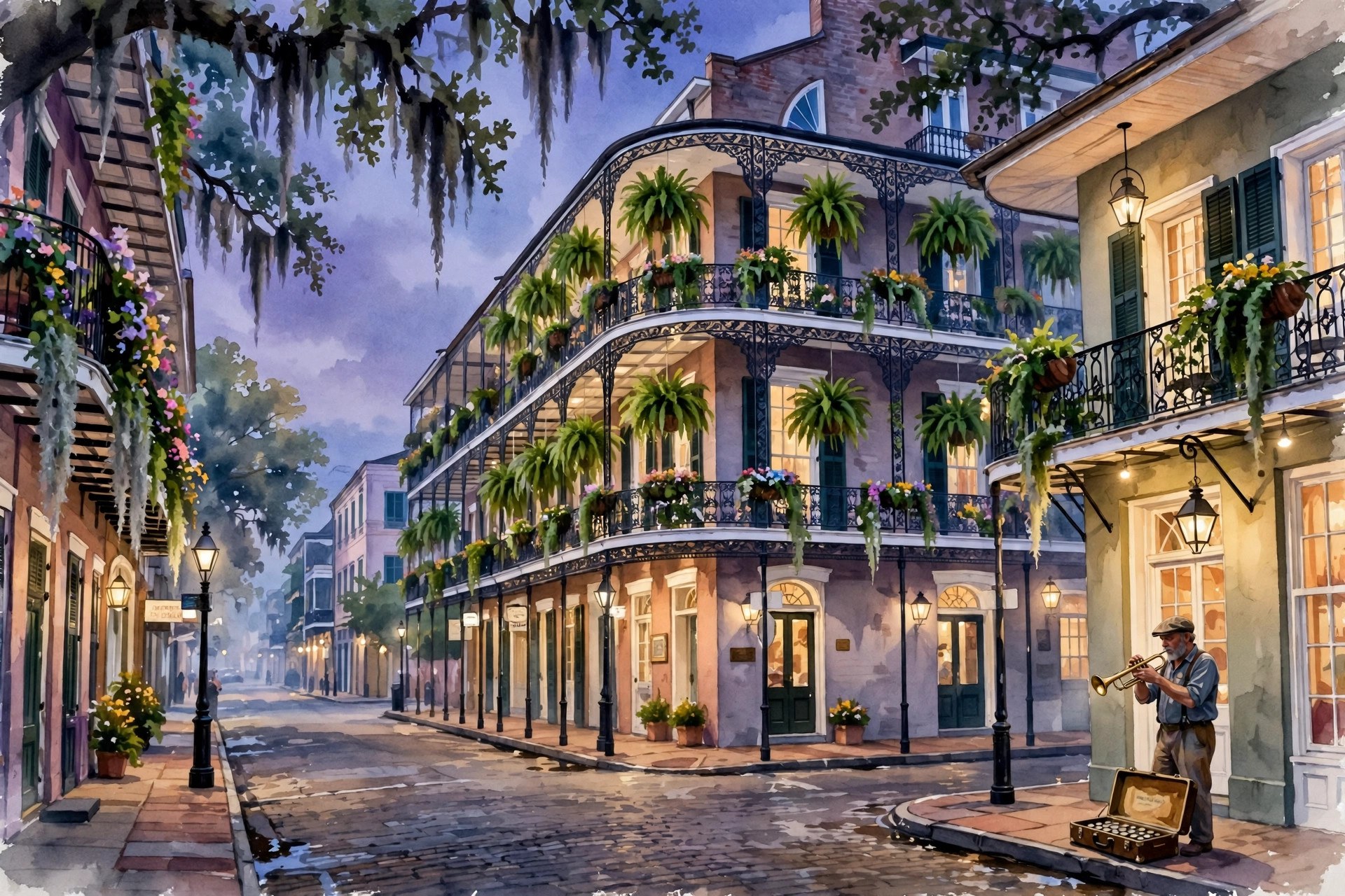 French Quarter balconies at dusk