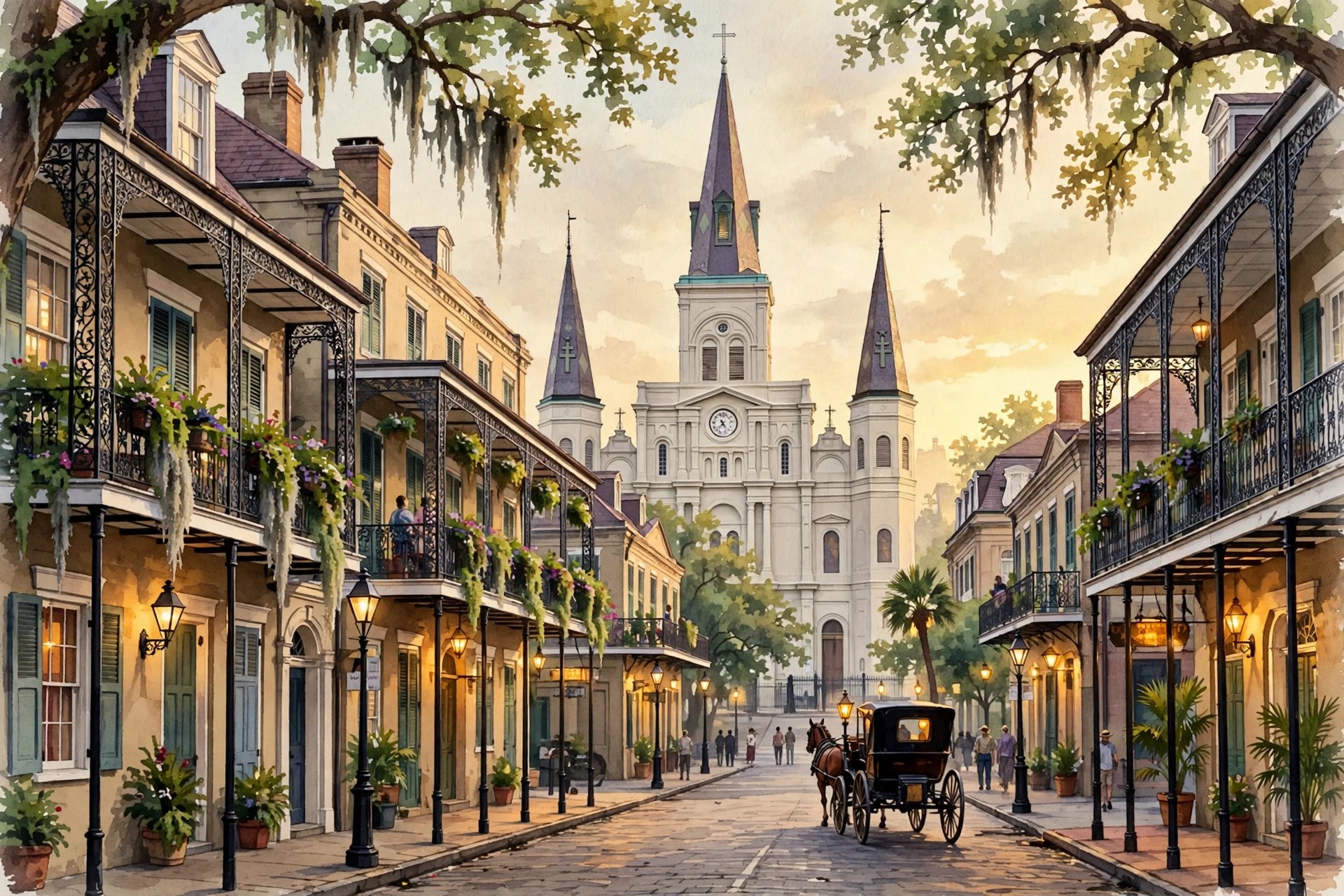 Gas lamps and wrought-iron balconies in the French Quarter at dusk.