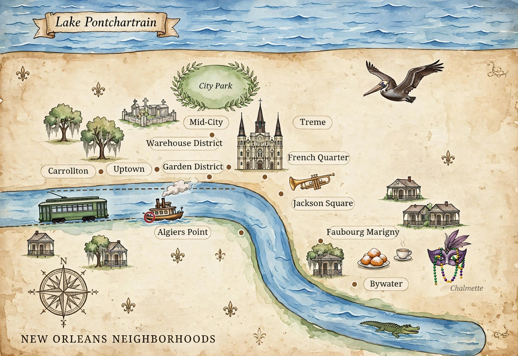 Illustrated treasure map of New Orleans with clickable cities