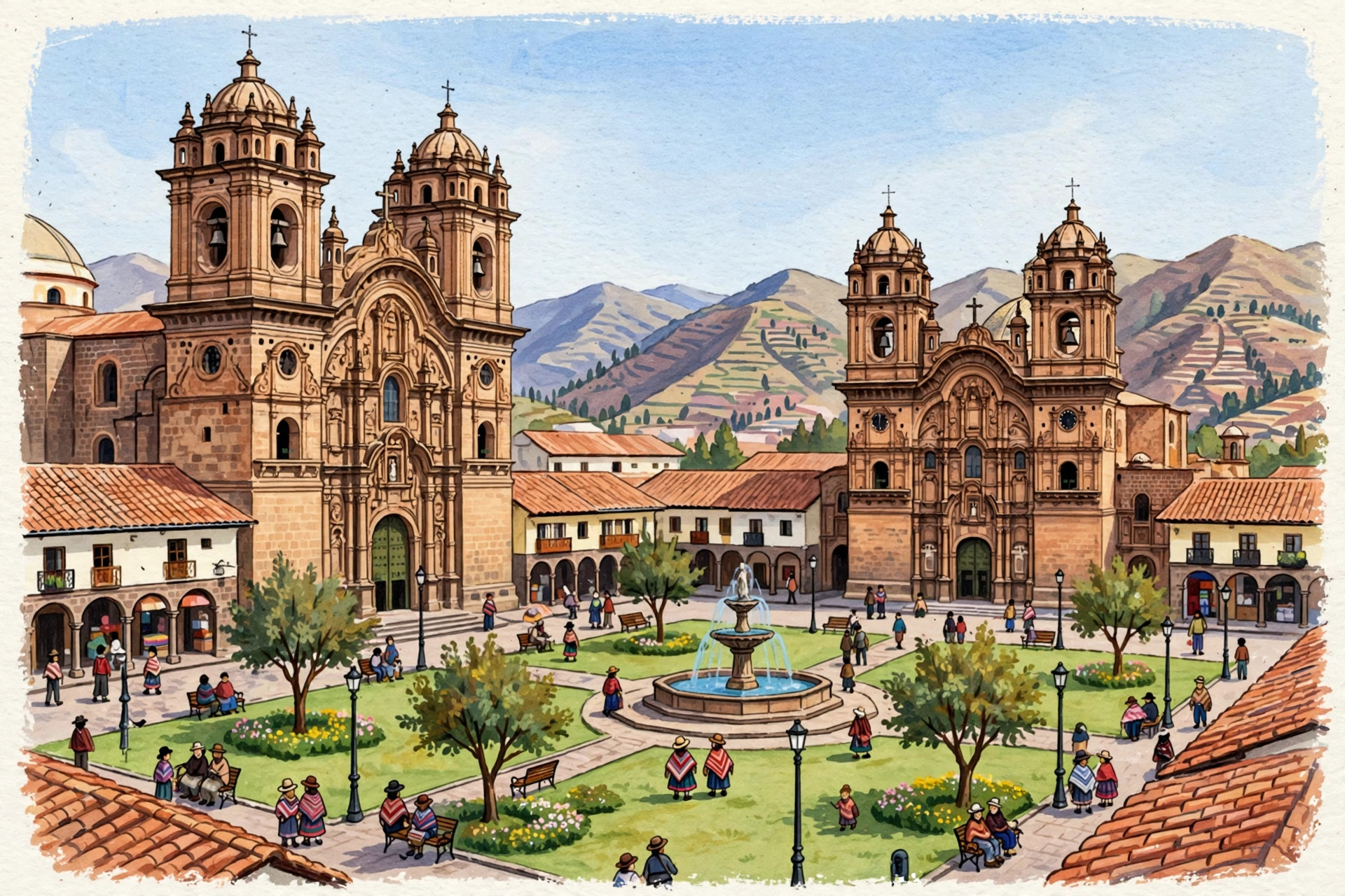 Cusco Plaza de Armas: cathedral and La Compañía church, arcades, Andean light