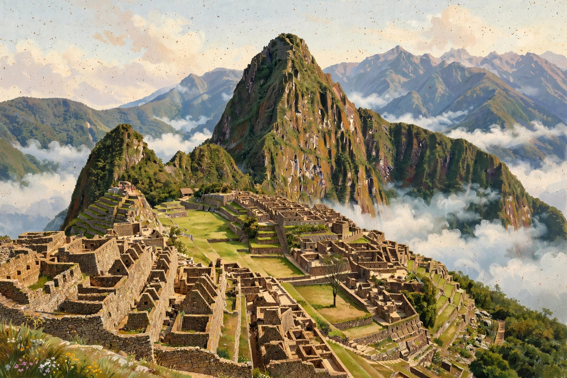 Machu Picchu at dawn, Huayna Picchu rising behind the citadel