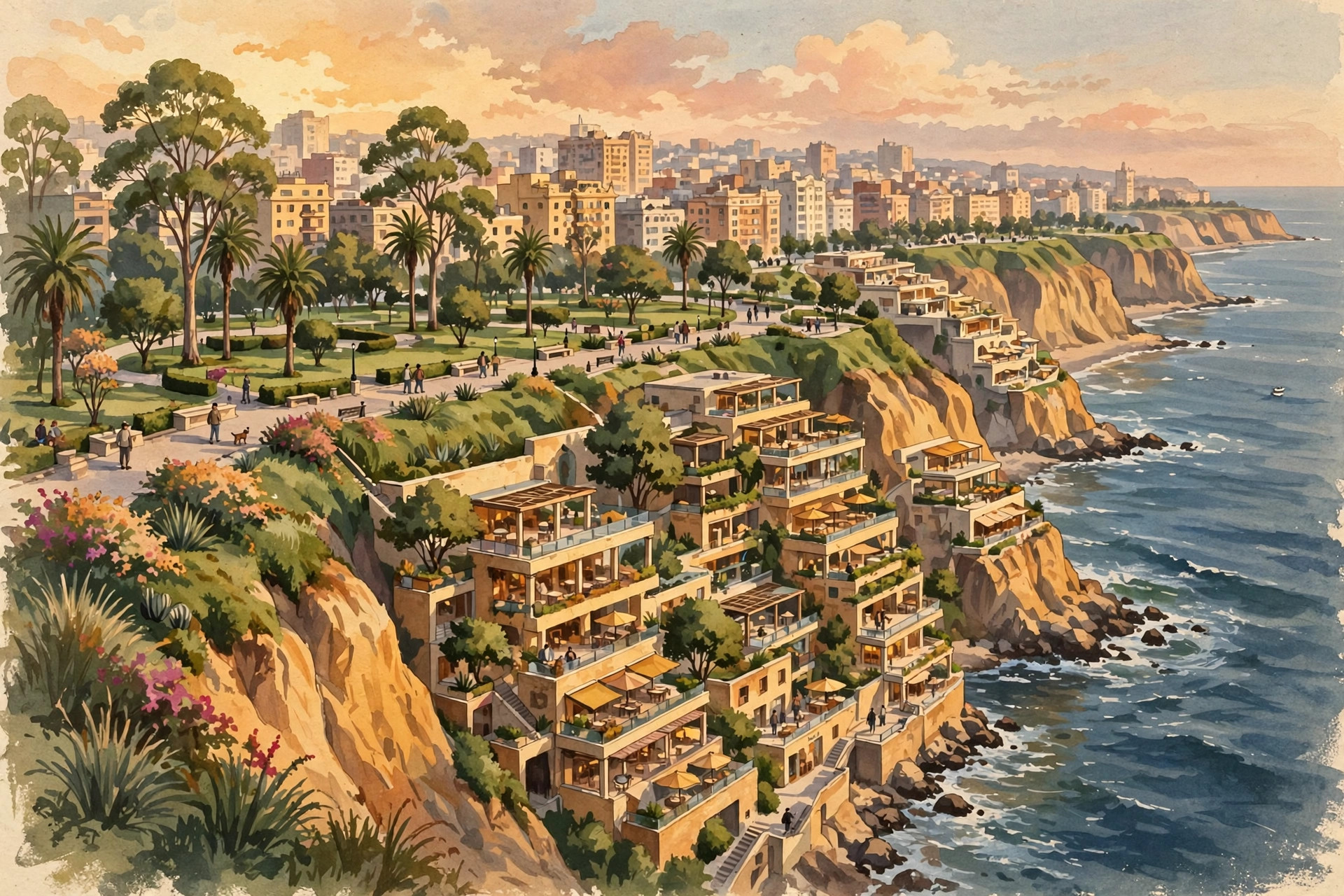 Miraflores malecón cliffs over the Pacific with a cliffside terraced complex