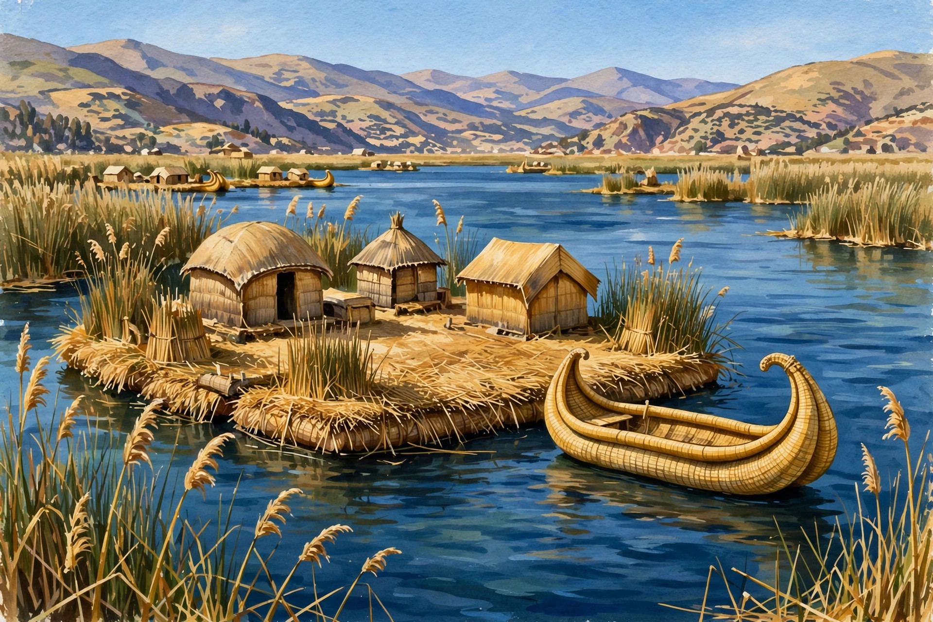 Uros floating reed islands and a reed boat on Lake Titicaca