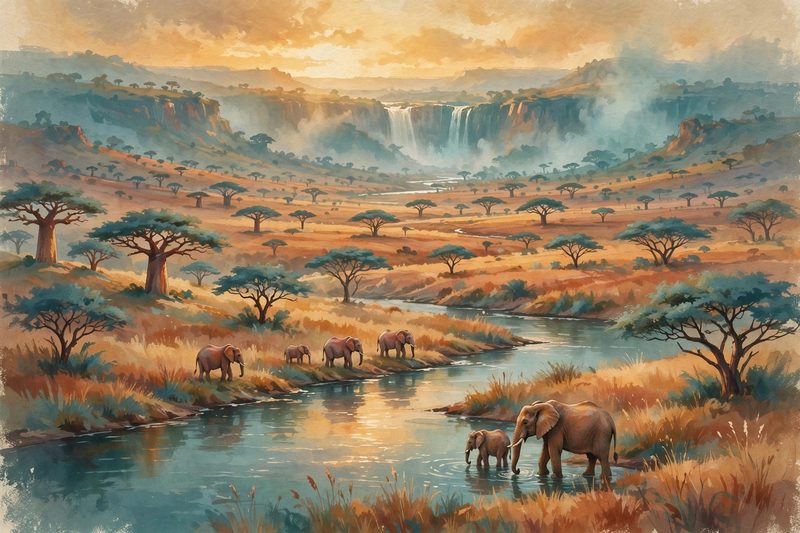 The Zambezi River plunges over Victoria Falls at sunset, spray rising over the gorge, with the Zambian bush beyond